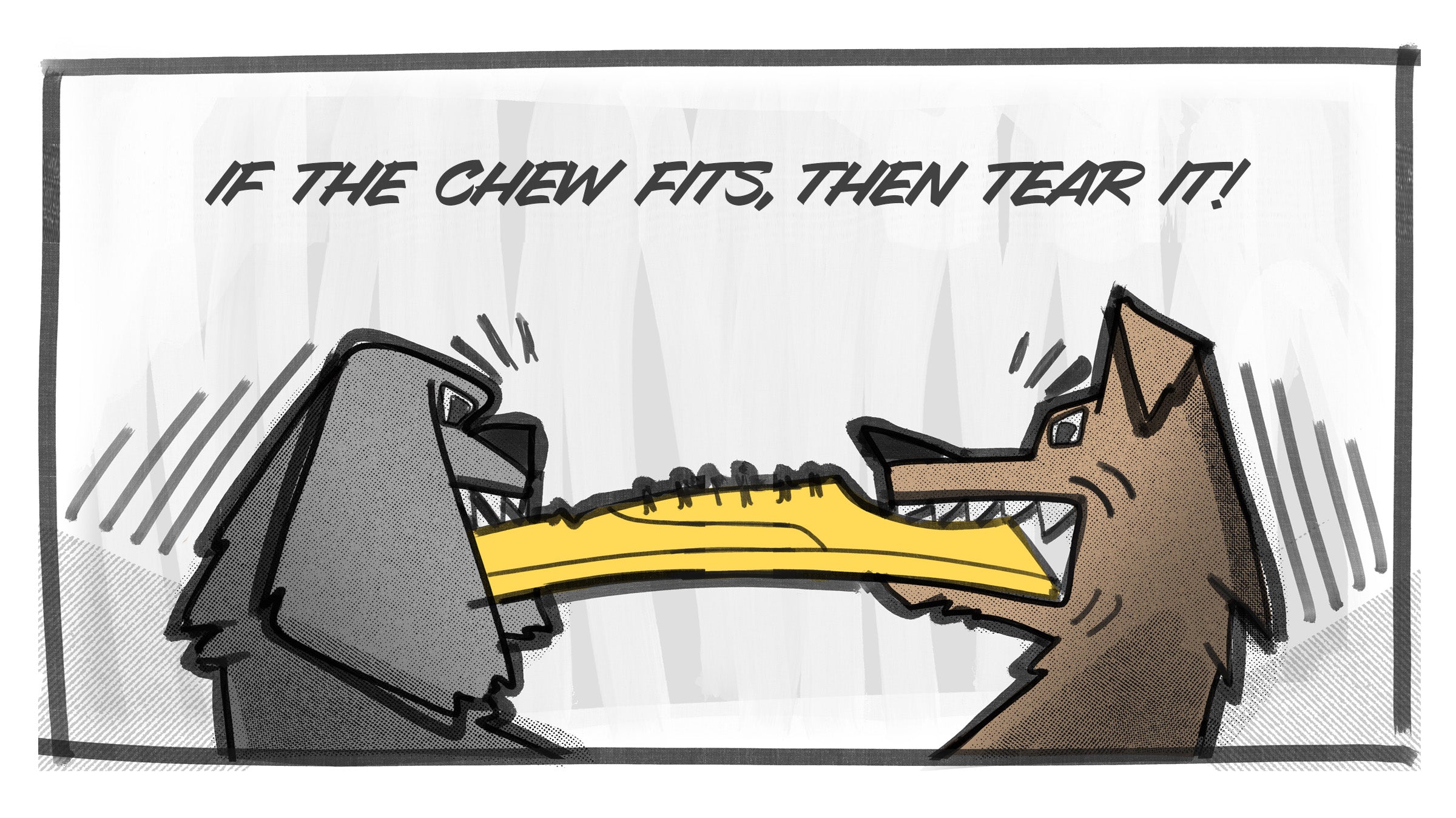 Illustration of dogs chewing a shoe